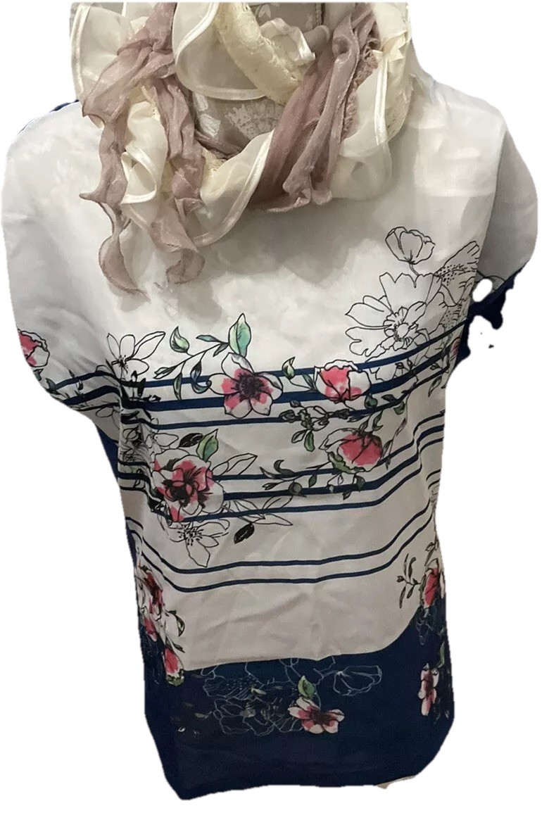 GORGEOUS BLUE MULTI FLORAL TOP L/XL BOHEMIAN SPECIAL OCCASION ELEGANT LAGENLOOK