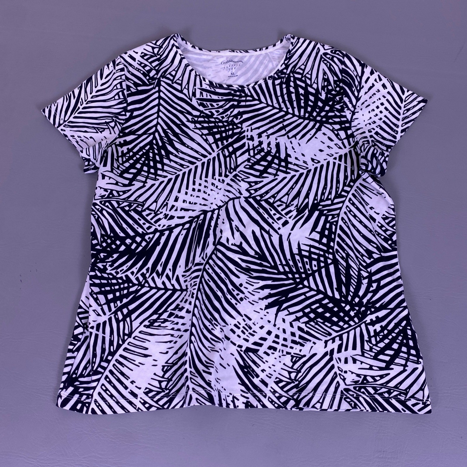 Croft & Barrow Classic Tee Shirt Womens XL Black White Tropical Palm Leaf Cotton