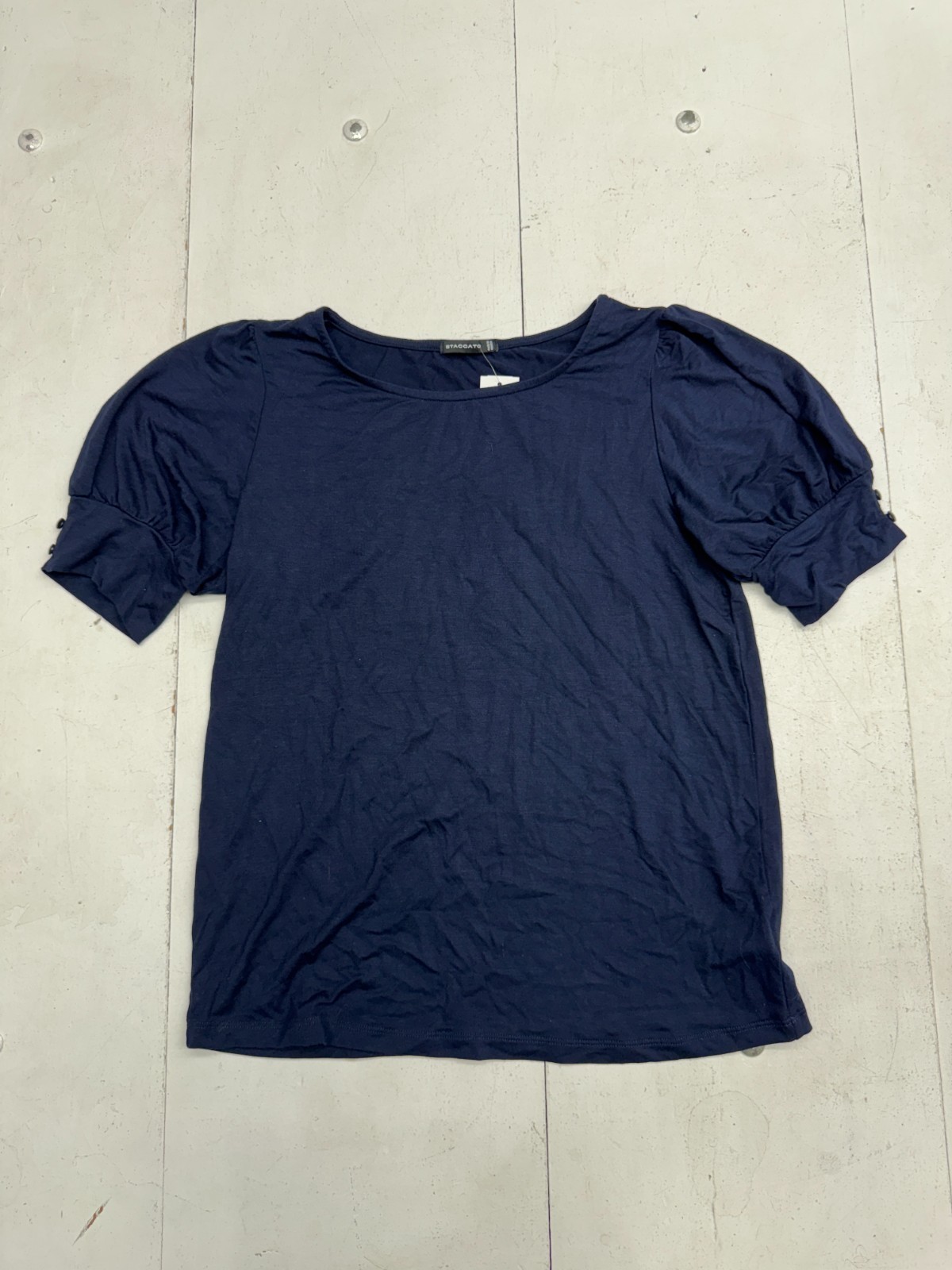 Staccato Navy Blue Raquelle Short Sleeve Knit Top T Shirt Womens Size Small