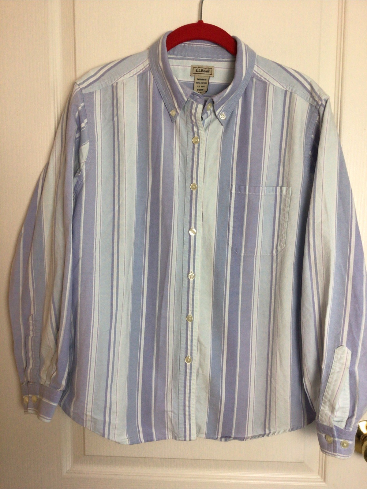LL Bean Women’s Soft Blue Striped Button Front Oxford 100% Cotton L