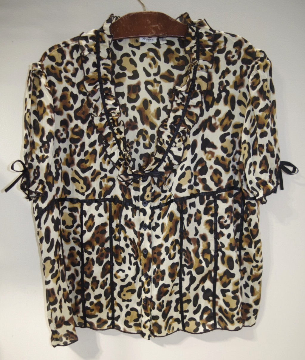 N NEW Agora Satin Small Ruffle Shirt S/S Blouse V Neck Button Down Black Ribbon