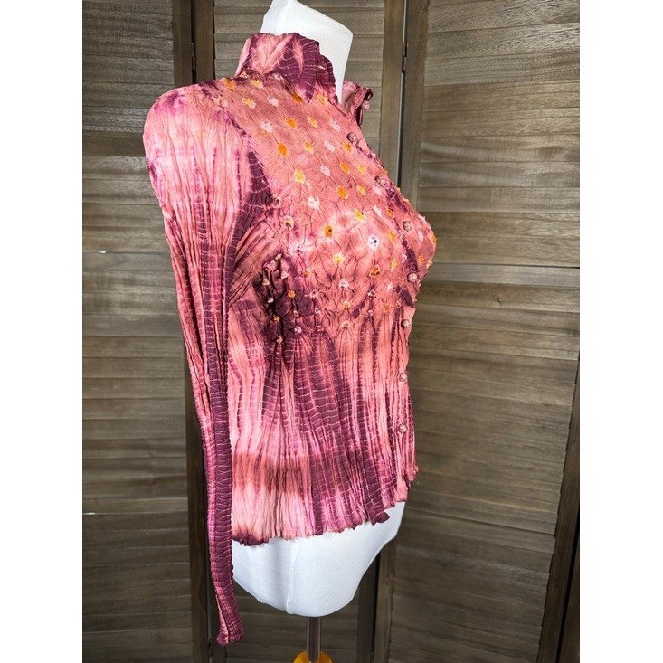 Fantazia Silk Polyester Tie Dye Pleated Button Up Long Sleeve Shirt Top Womens M