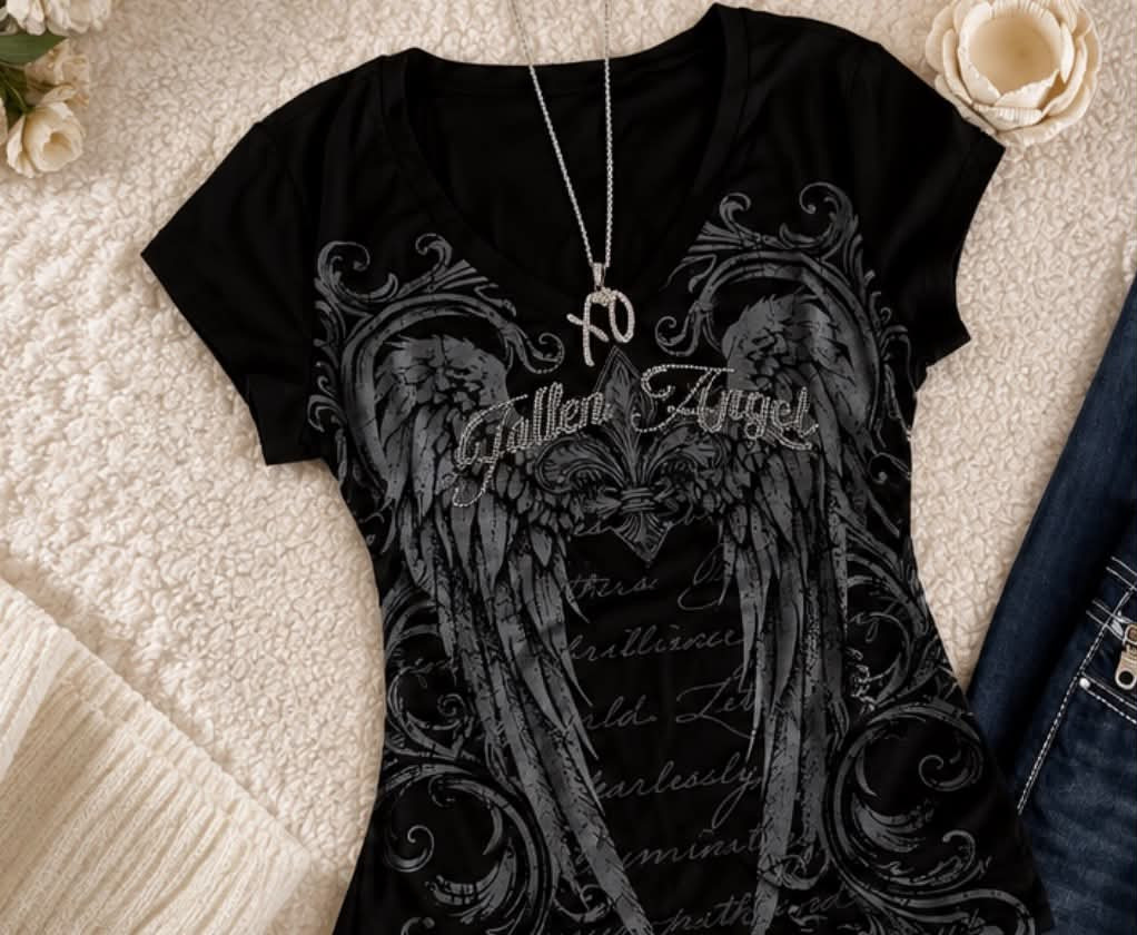 Y2K Gothic Fallen Angel Wing Graphic V Neck T-Shirt Women’s Grunge Emo Top