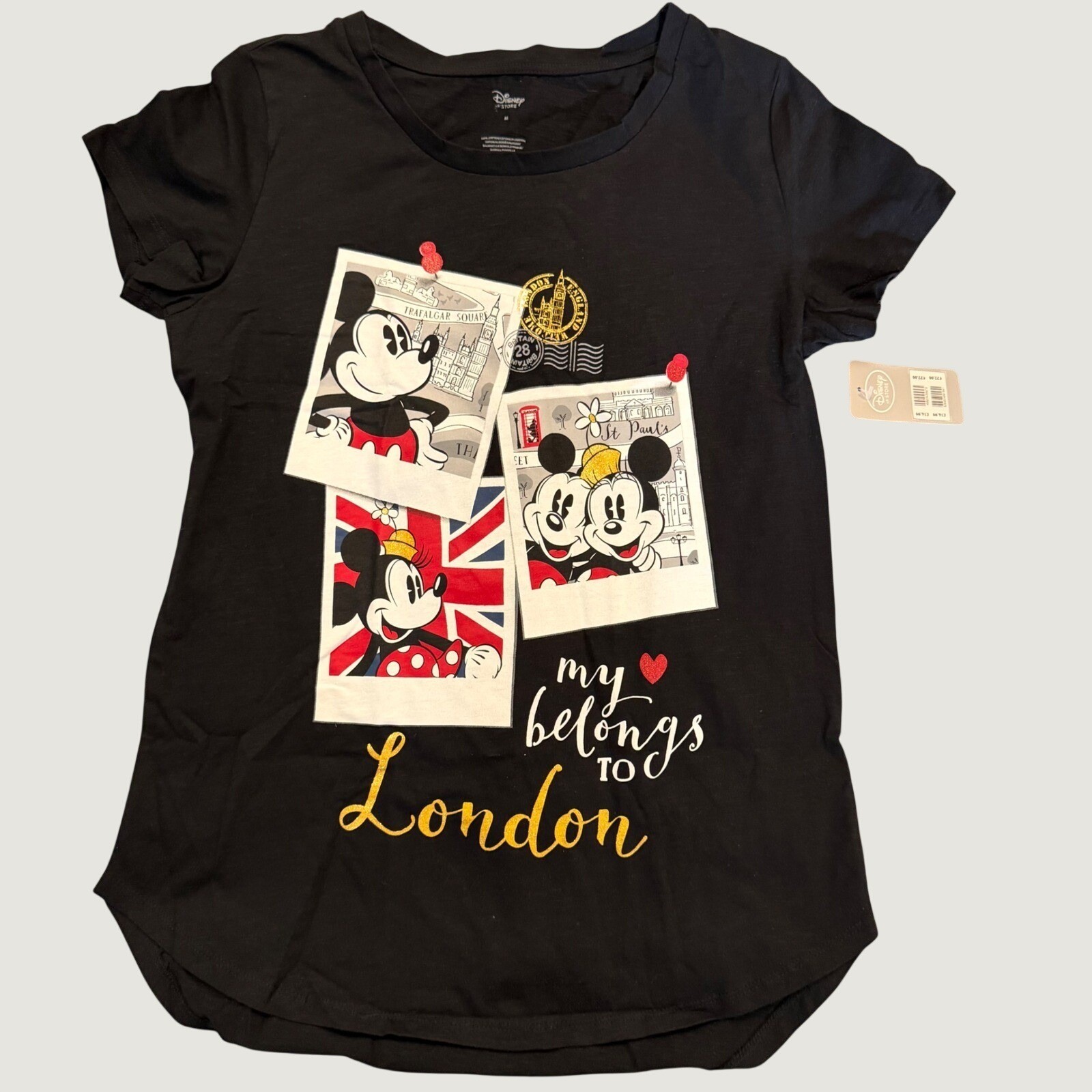 Disney Store Mickey Minnie Mouse My Heart Belongs to London Black Graphic Tee M