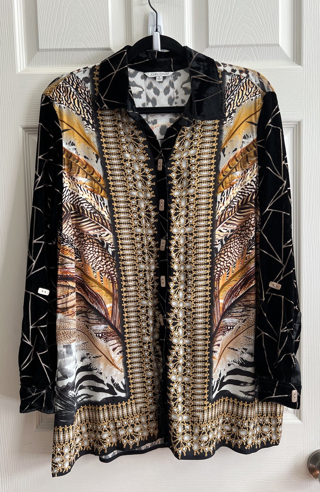 JOHN MARK Velvet Burnout Monarch Butterfly Art To Wear Button Blouse Top Sz S