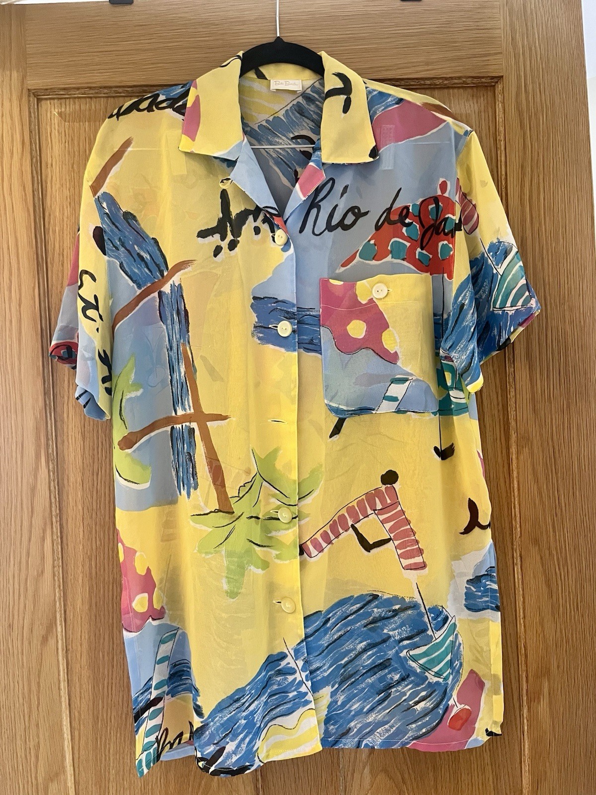 Vintage Betty Barclay Rio Tropical Yellow Blouse Hawaiian Abstract Print UK 12