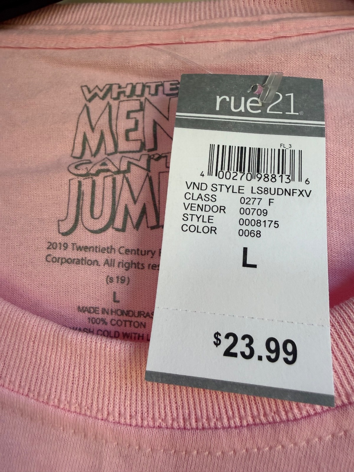 Women’s Rue21 White Men Can’t Jump Pink Long Sleeve T-shirt Size Large Cotton
