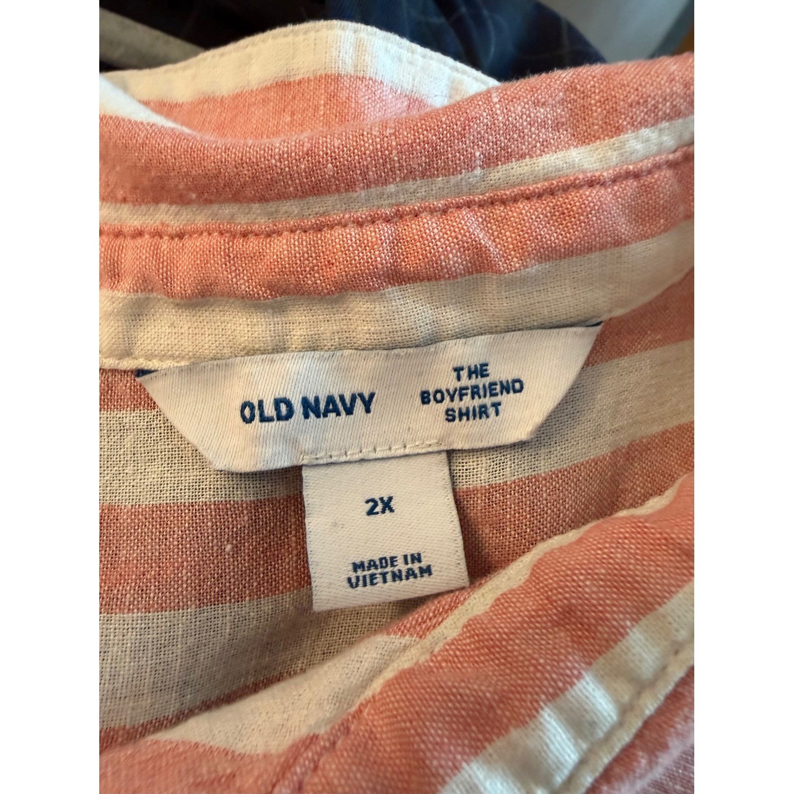 Old Navy The Boyfriend Shirt 2X Coral Pink White Striped Linen Blend Button Down