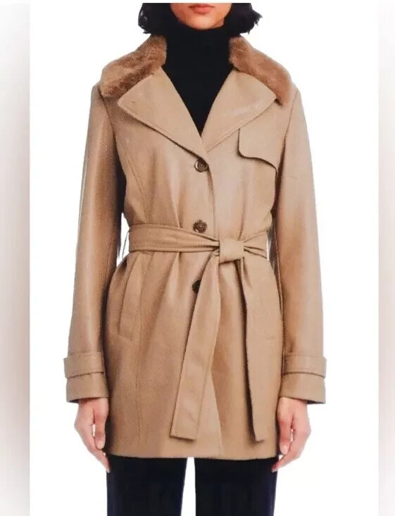 VINCE CAMUTO faux-fur collar leather wrap trench coat with belt size L NWT 2