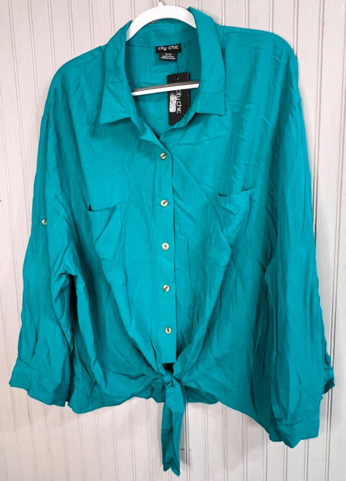 City Chic Womens SHIRT 22 Turquoise Blue Prep Comfort Pullover Button NEW