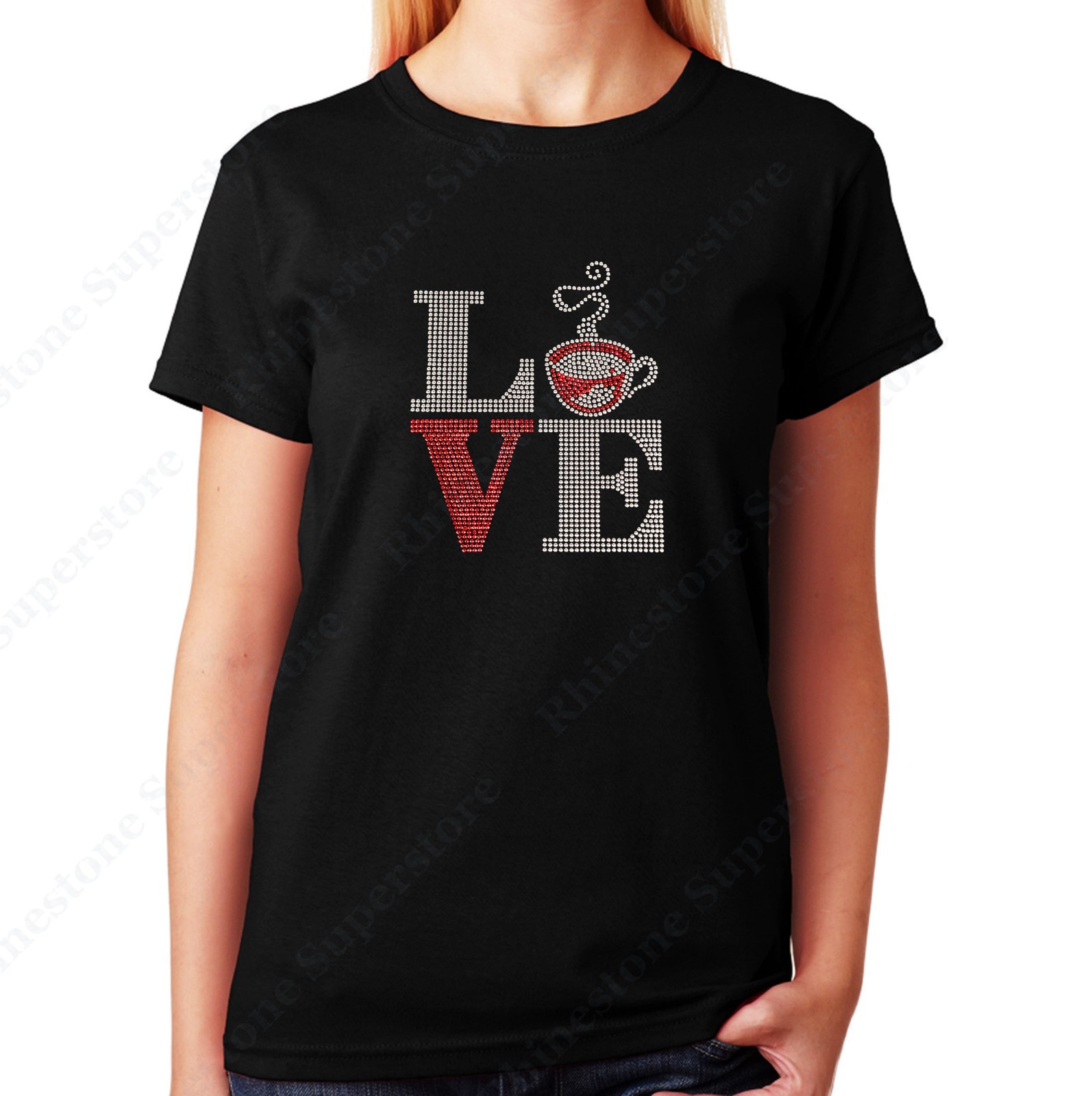 Womens / Unisex Spangle T-shirt ” Love Coffee ” in S, M, L, XL, 2X, 3X