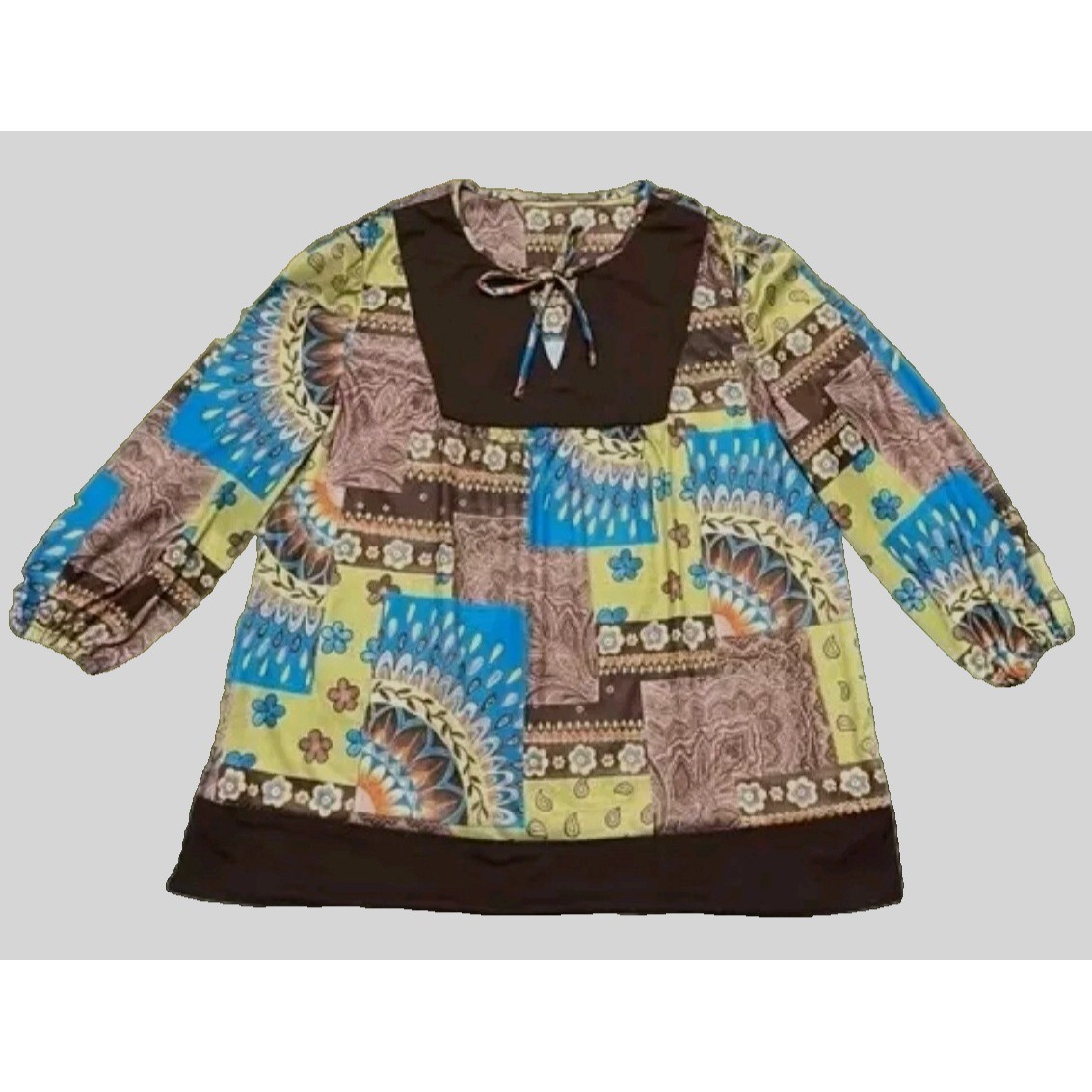 Vintage Blouse Patchwork Print Tunic Top Brown Blue Green Bohemian Boho Retro