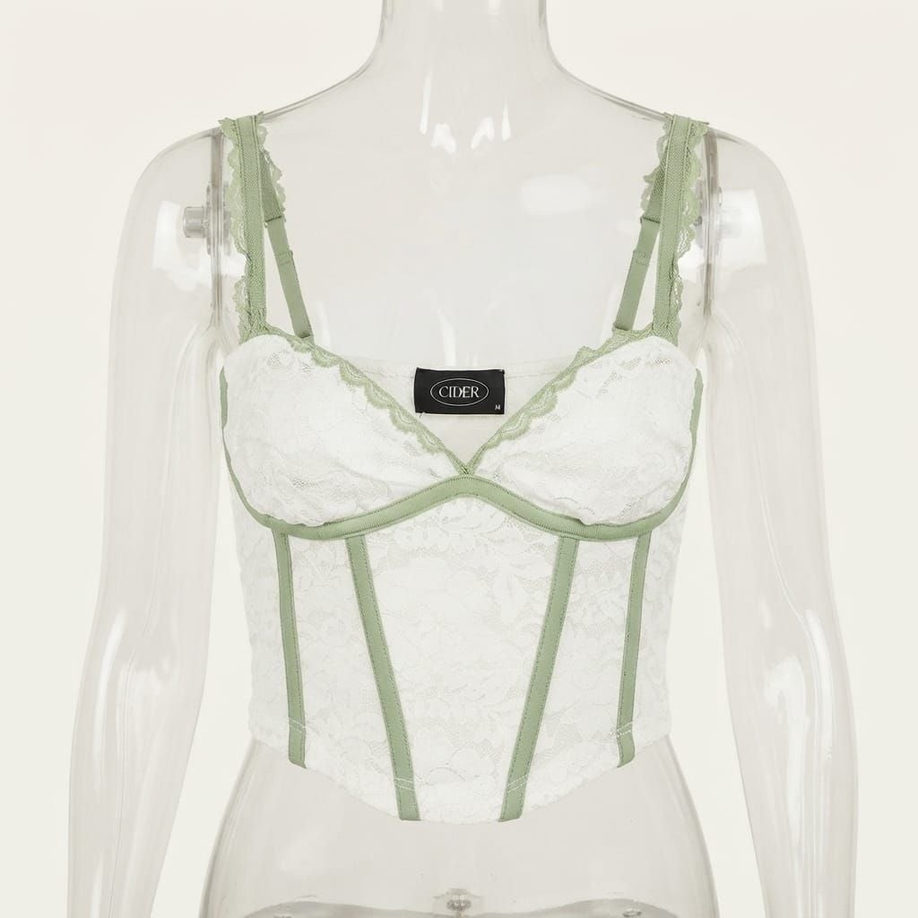 Cider White Lace Corset Crop Top with Sage Green Trim