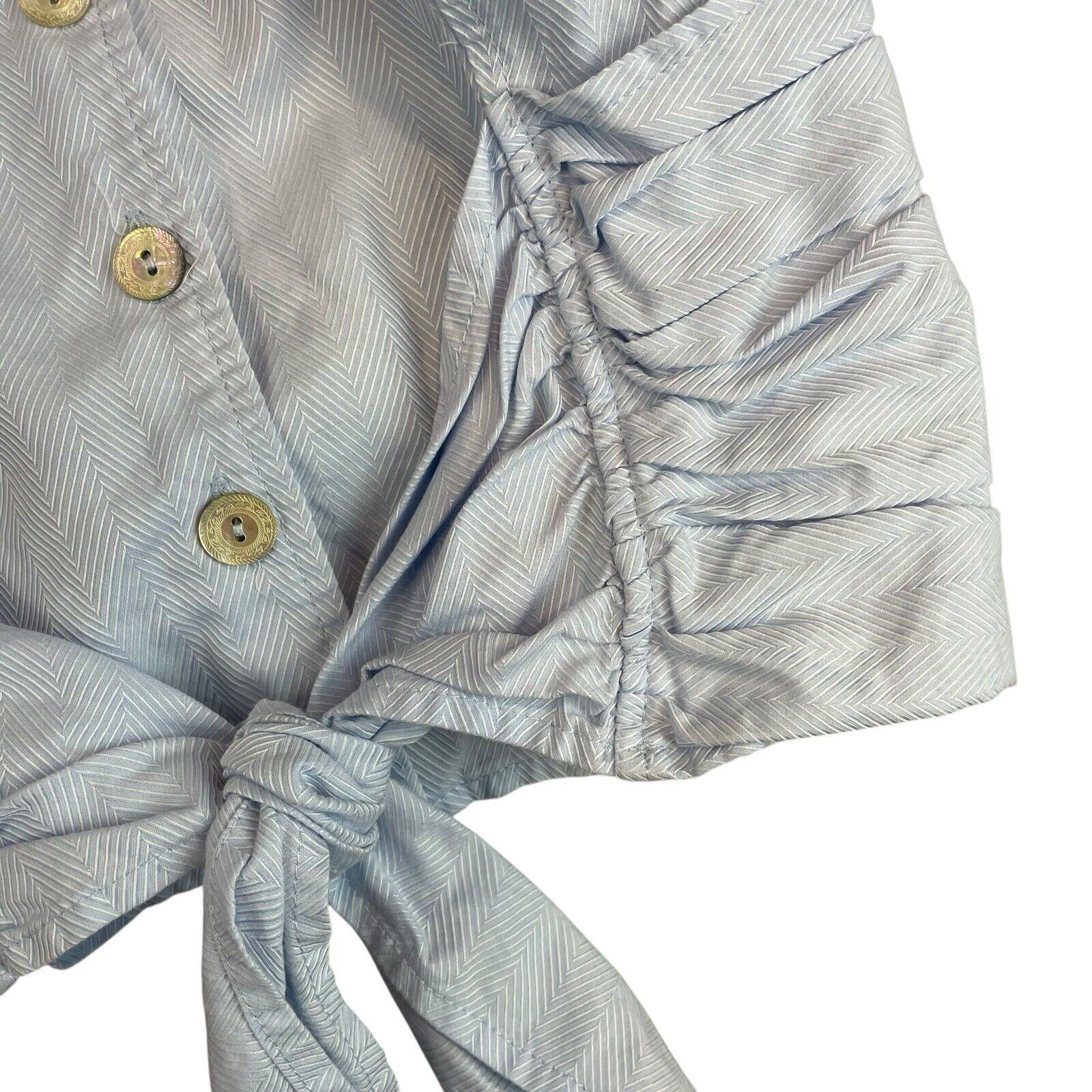 Farinaz Taghavi Blue Ruched Front Button Tie Blouse Women’s Size 4 Quiet Luxury