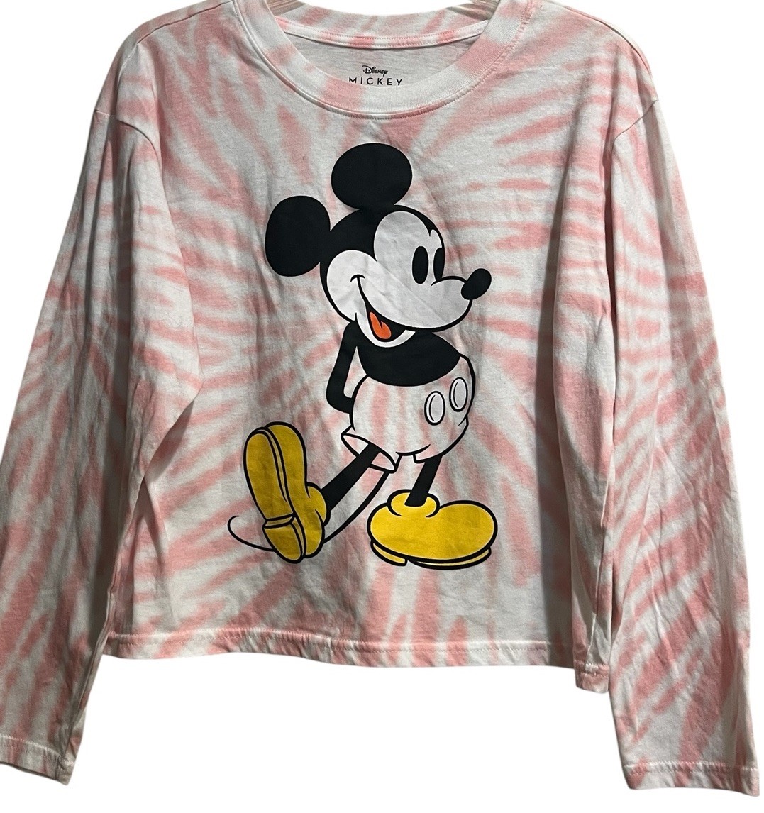 Disney Mickey Mouse Women’s XL Cropped Long Sleeve Top Tie Dye Pink/White