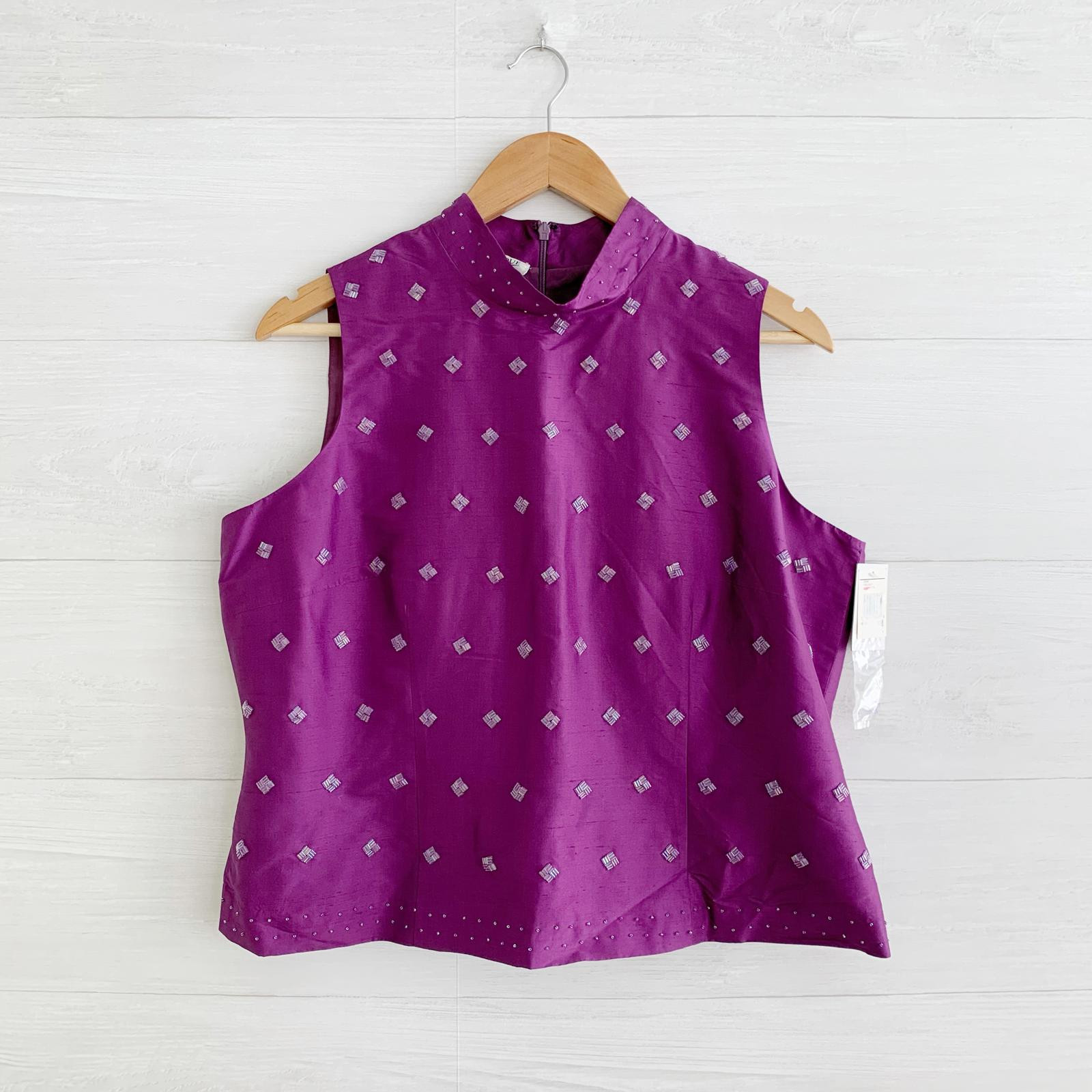 NWT Due per Due – Purple sleeveless mock collar beaded silk top, sz 16P