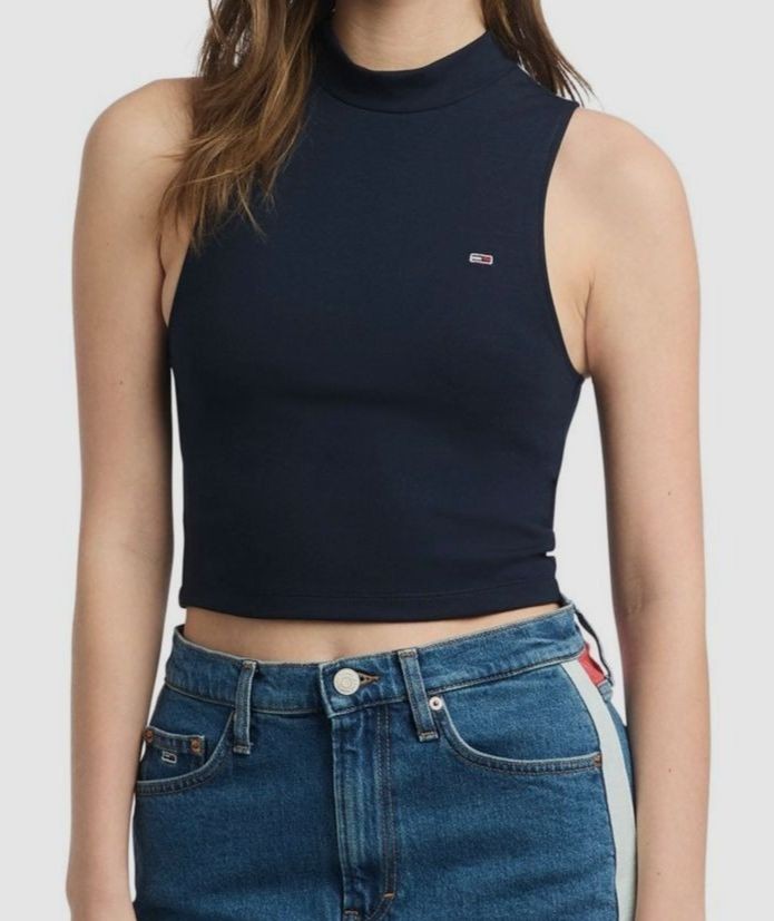 Tommy Jeans Women’s Blue Cropped Mock-Neck Sleeveless Top Size S