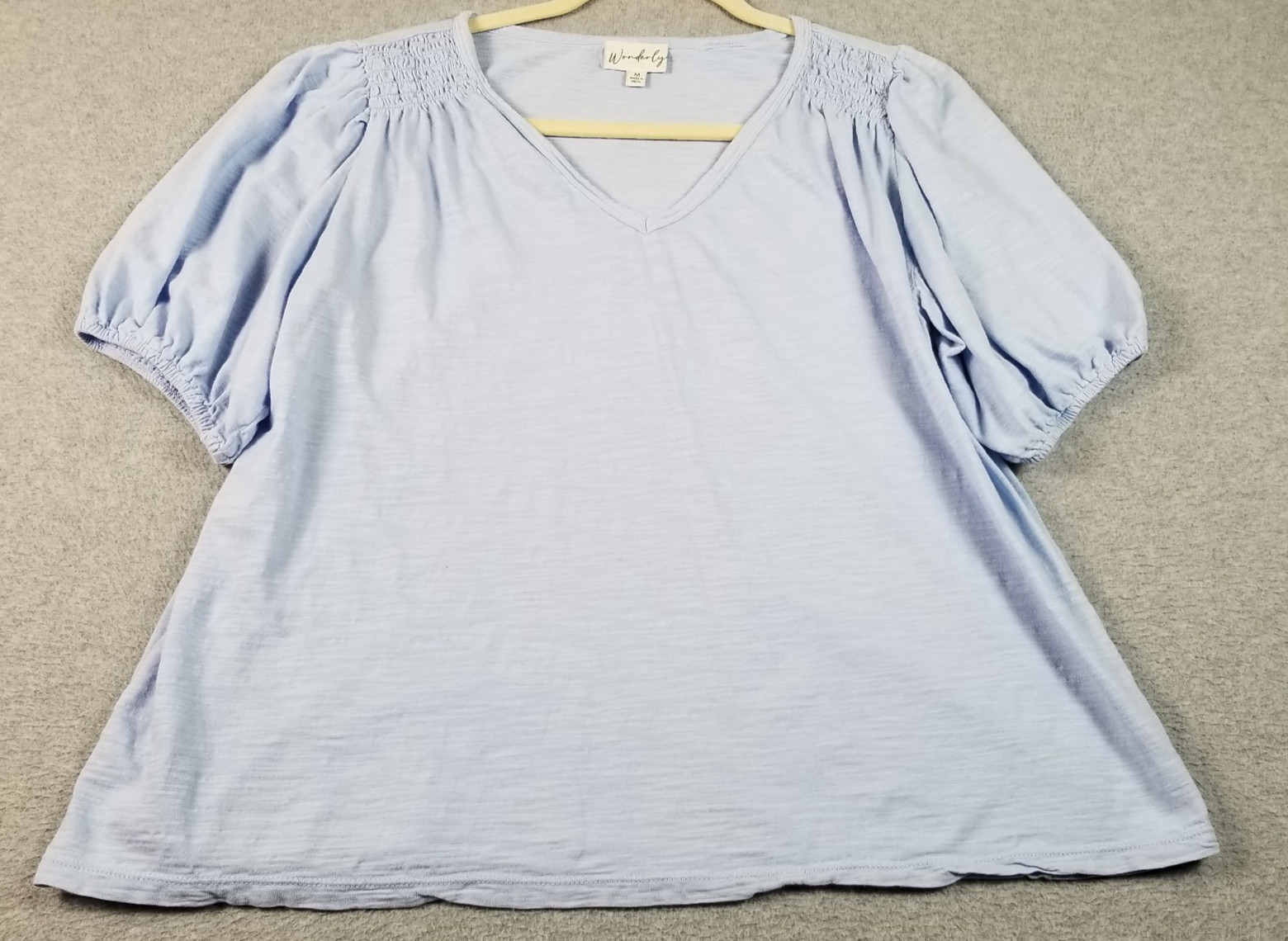 Wonderly Top Womens Medium M Blue See Through Short Sleeve Blouse V Neck Stretch
