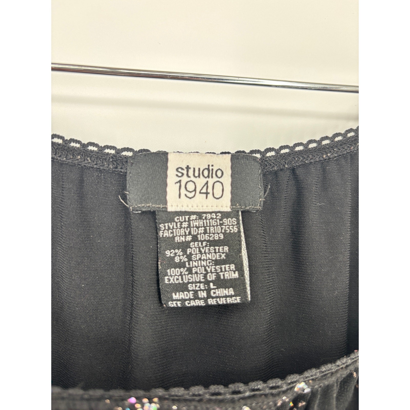 Studio 1940 Blouse Ruched Embellished Rhinestone Stretch Top Black Size Large