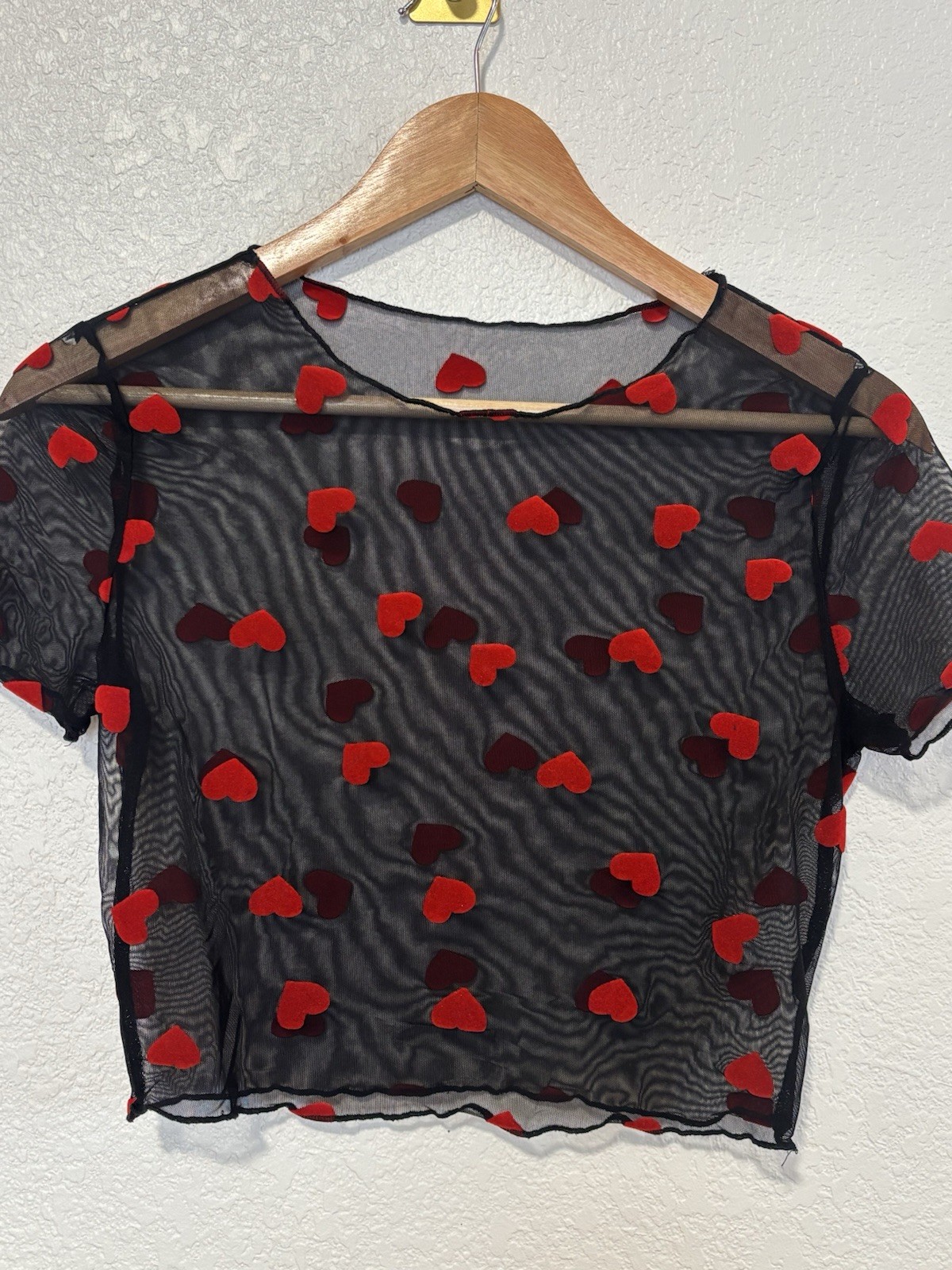 Black Sheer Mesh Heart Crop Top Red Velvet Flocked Hearts Short Sleeve Y2K XS S