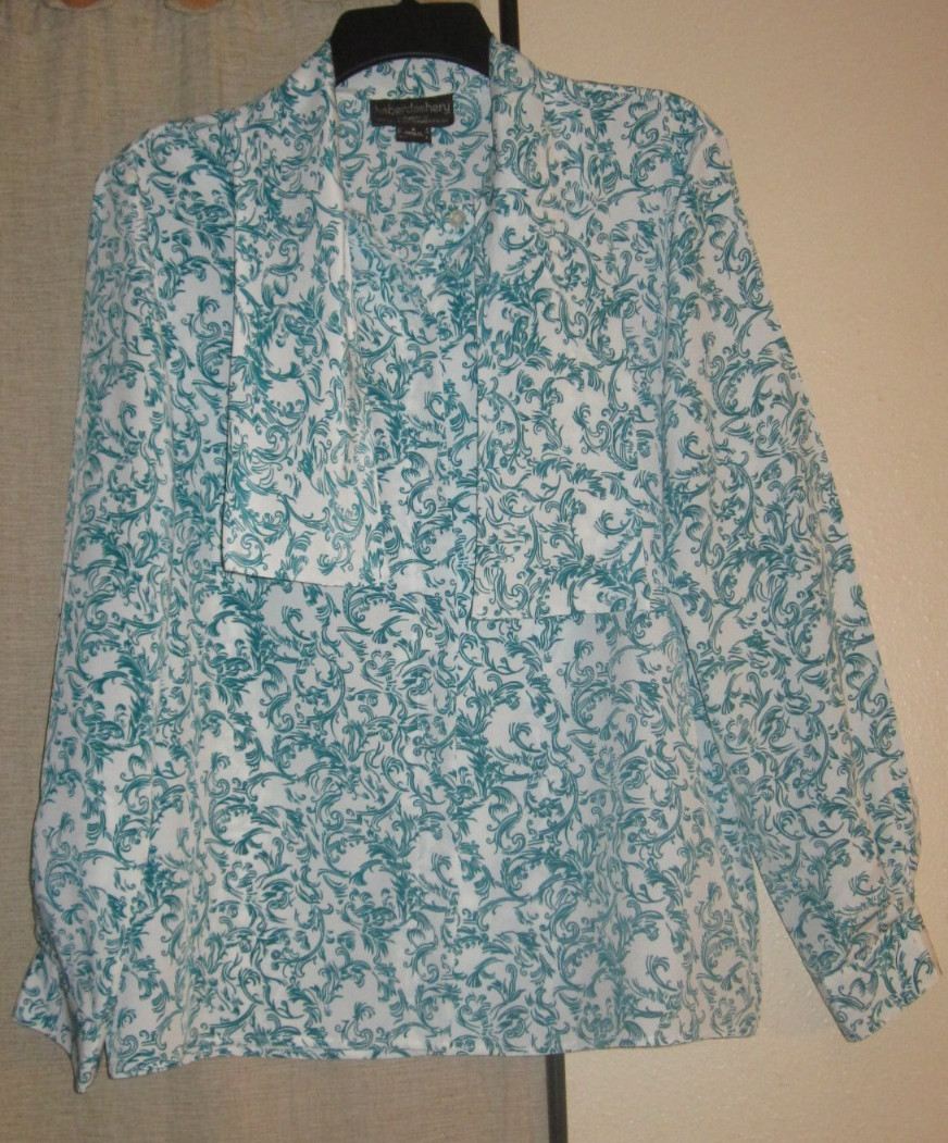 8 s shirt blouse dressy top eggshell blue green teal design vintage Haberdashery