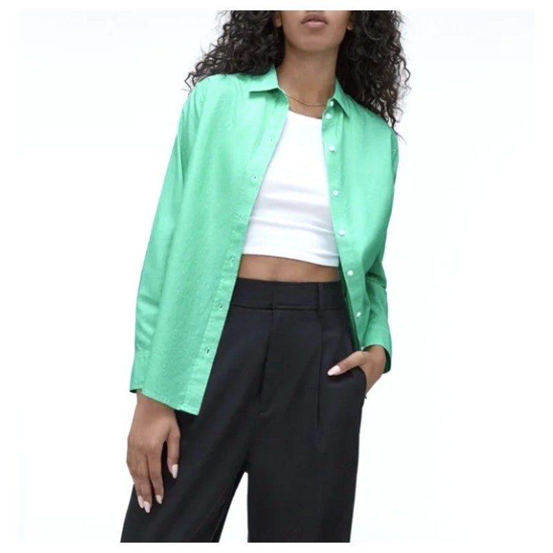 Everlane Shirt Size 4 Button-Down Collared Long Sleeve 100% Cotton Green Stripe