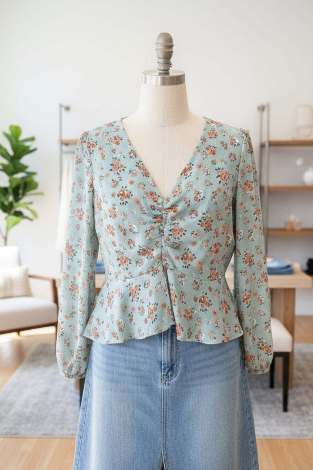 Sugarlips Mint Floral Peplum Ruched Blouse
