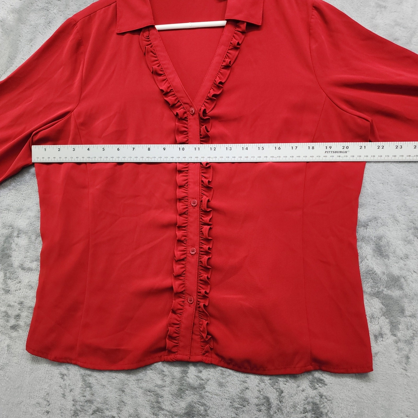 Vintage 90s Covington Top Womens L Red V-Neck Ruffled 3/4 Sleeve Button Up