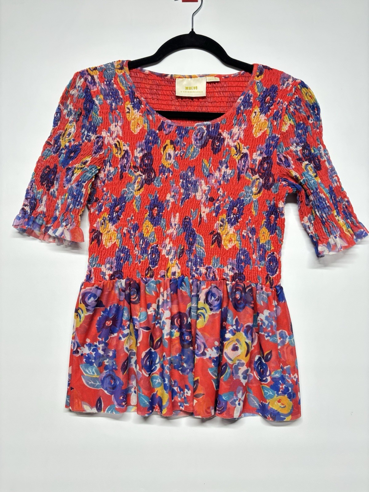 Maeve Anthropologie Ashto Smocked Floral Peplum Flutter Sleeve Top Blouse S