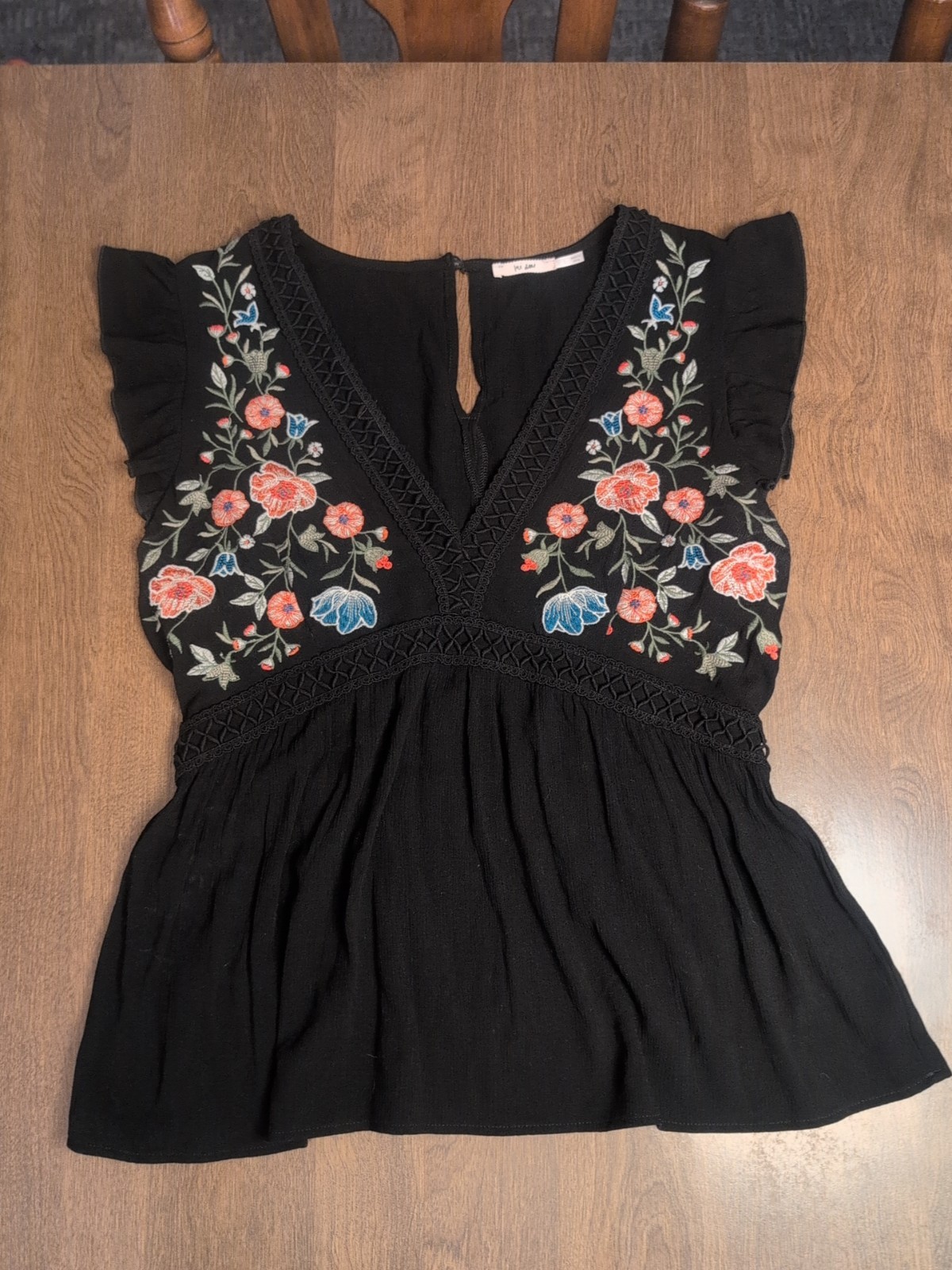 Mi Ami L Embroidered Tank Top Shirt Boho Elastic Waist Crochet Peplum Peasant