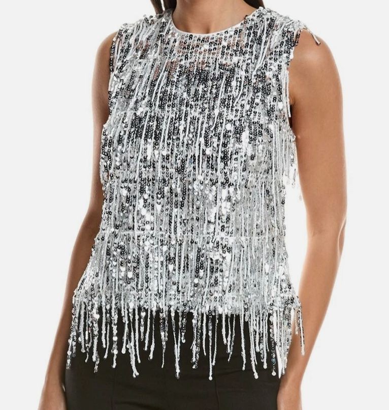 Milly Women’s Silver Royce Fringe Sequins Top Size S