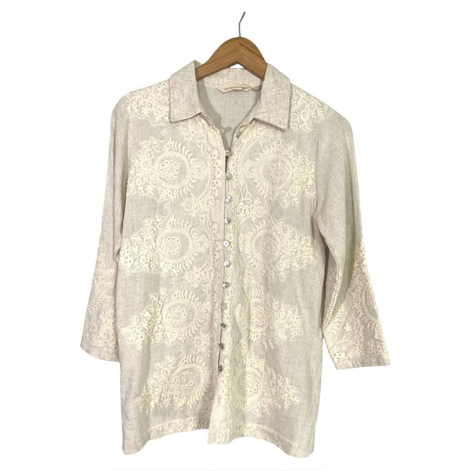 Soft Surroundings Embroidered Beige Natural Linen Tunic Top Size PXS Petite XS