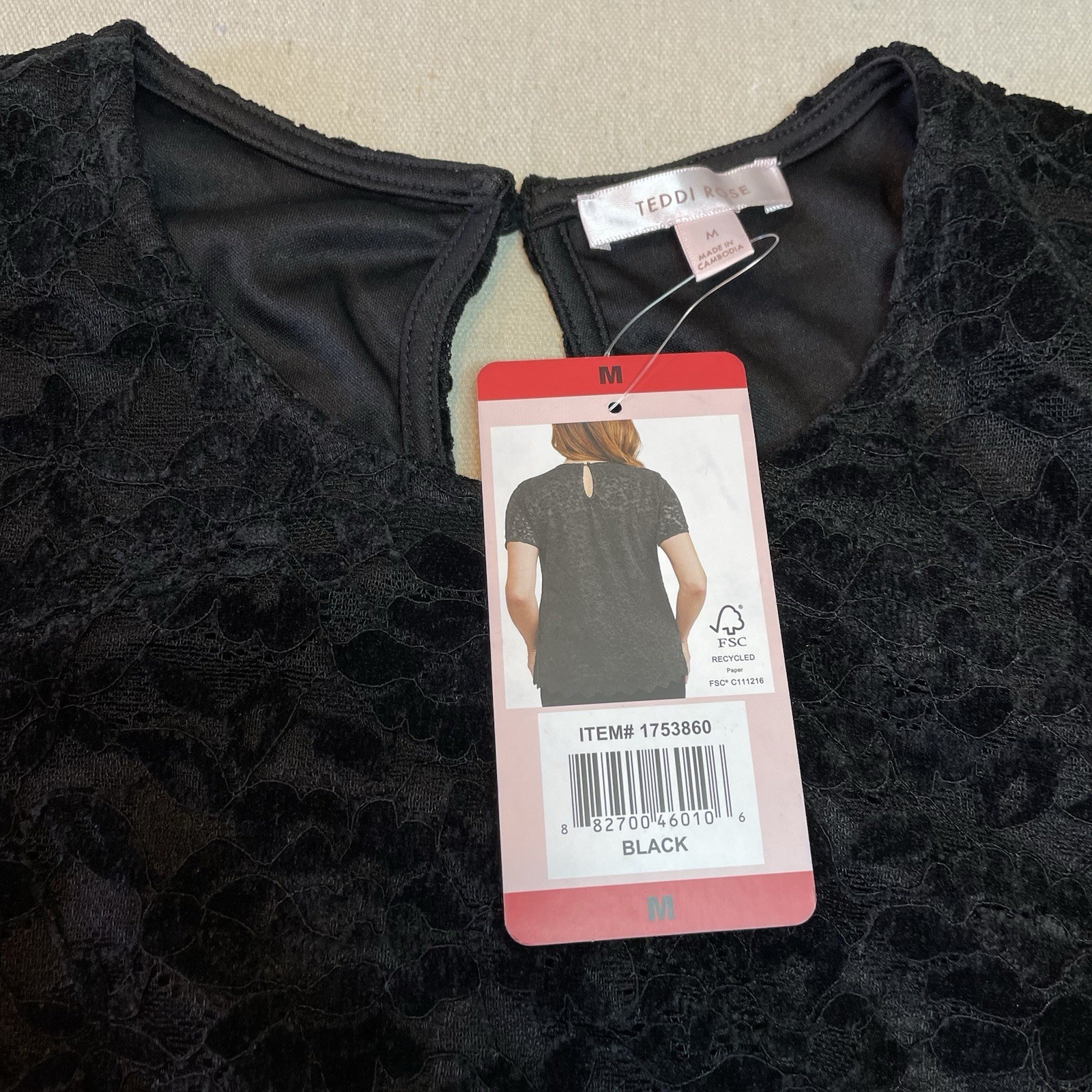 Teddi Rose Women Black Lace Velvet Burnout Top Shirt Short Sleeve Size Medium