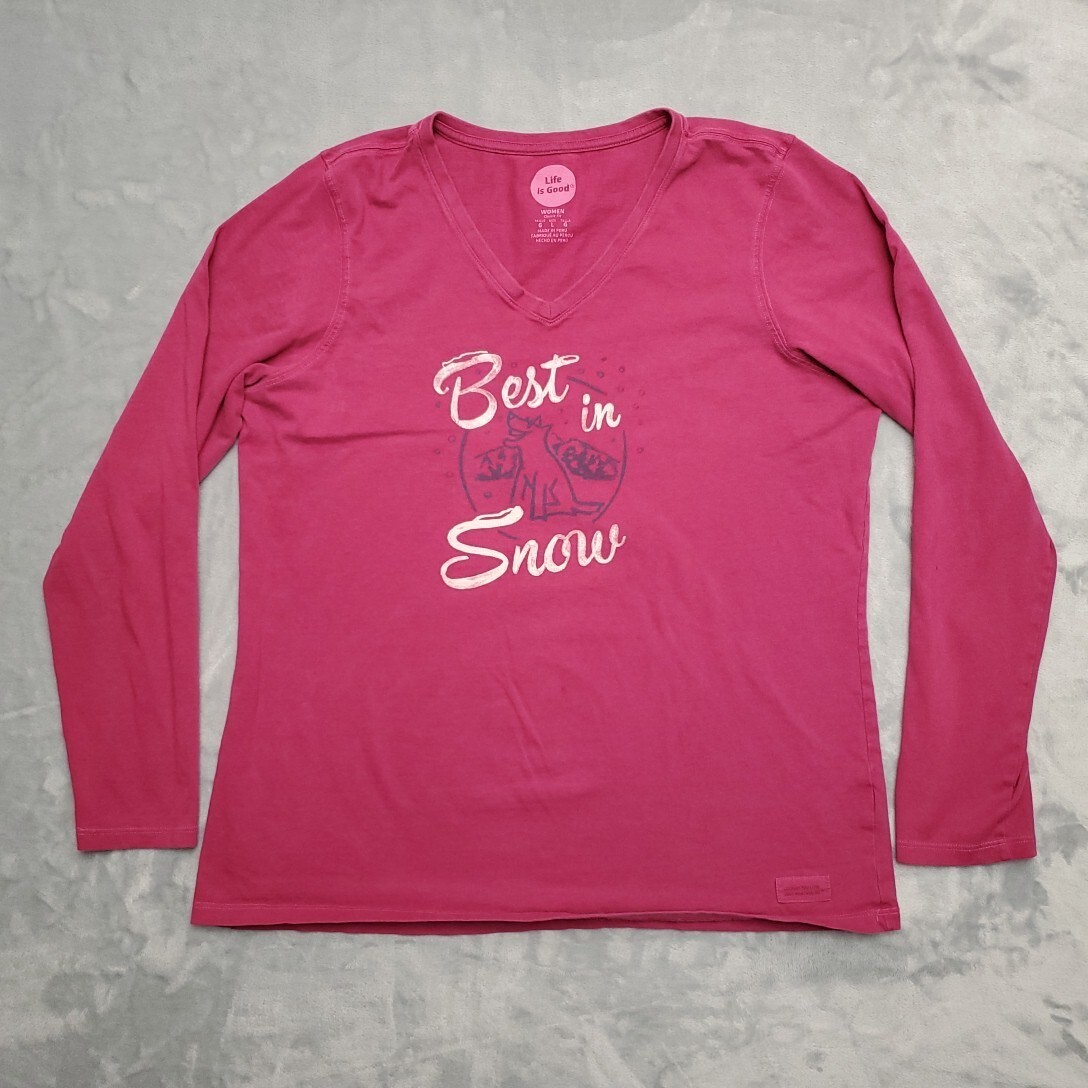 Life is good Shirt Womens L Pink Classic Fit Nature Outdoor Best in Snow Dog TEE