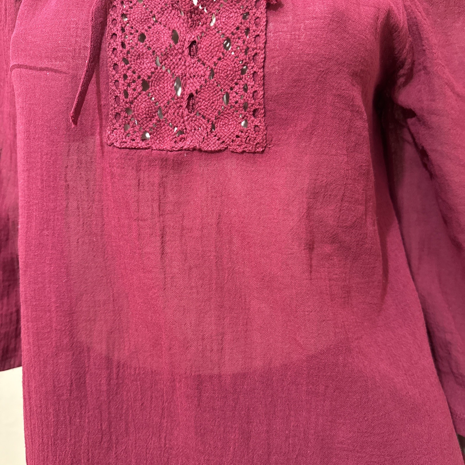 Women’s Burgundy Cotton Casual Boho Lace Long Sleeve Slit Tied Size S Blouse Top