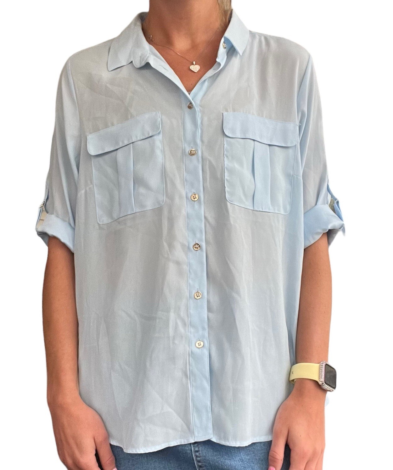 H&M Women’s Sz 12 Light Blue 3/4 Roll Tab Sleeves Lightweight Button Front Shirt