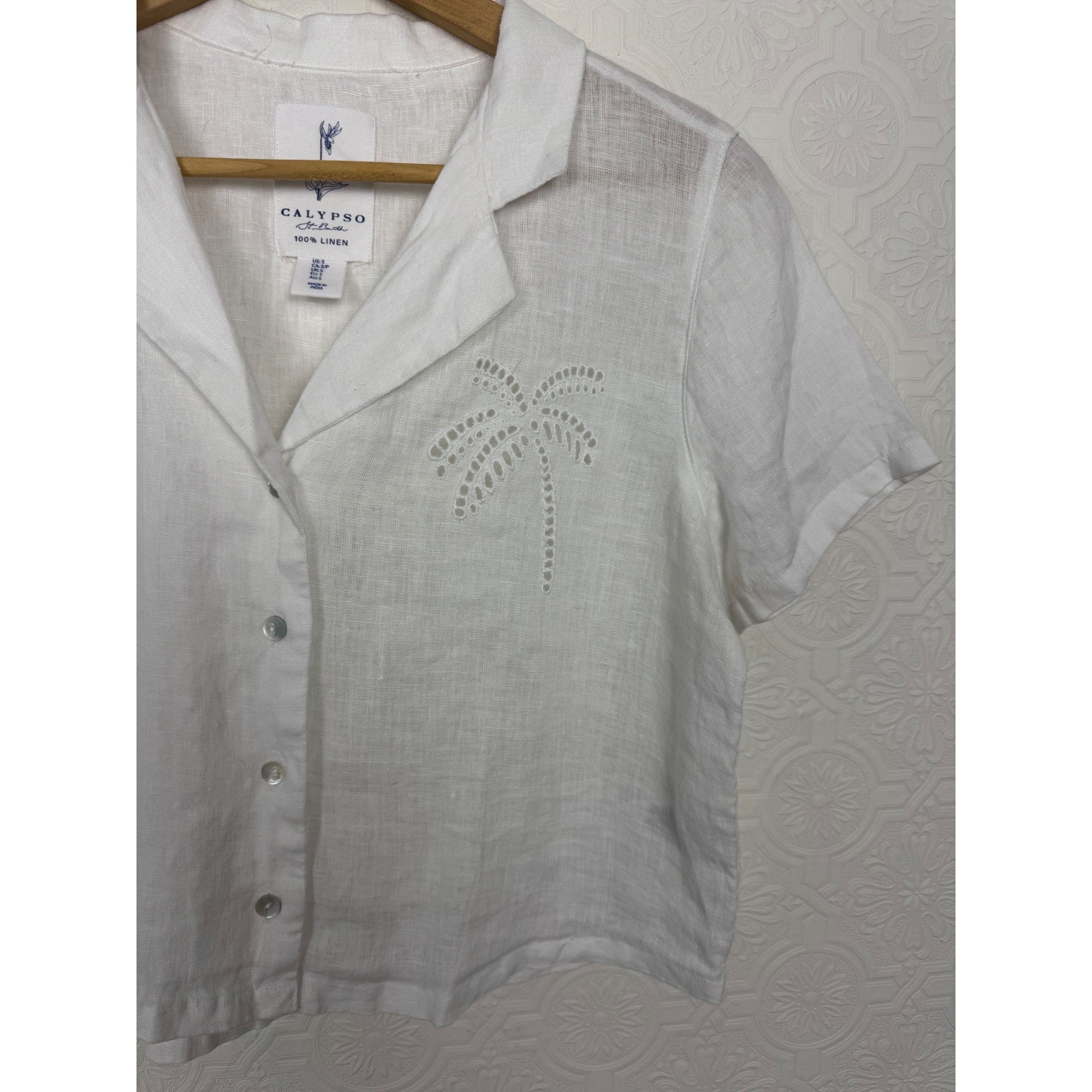 Calypso St Barth White 100% Linen Palm Tree Eyelet Button Down Shirt Small
