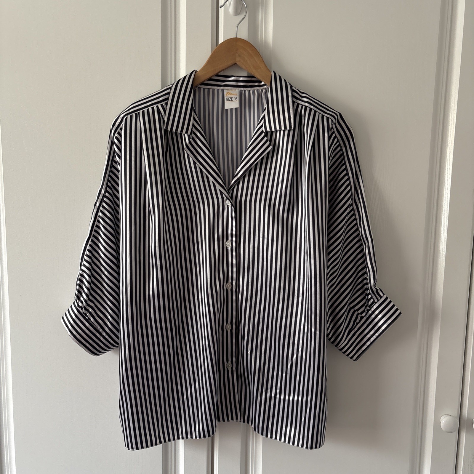 Ladies Vintage Etam 80s Silky Feel Striped Black & White Blouse UK 16 Punk Rock