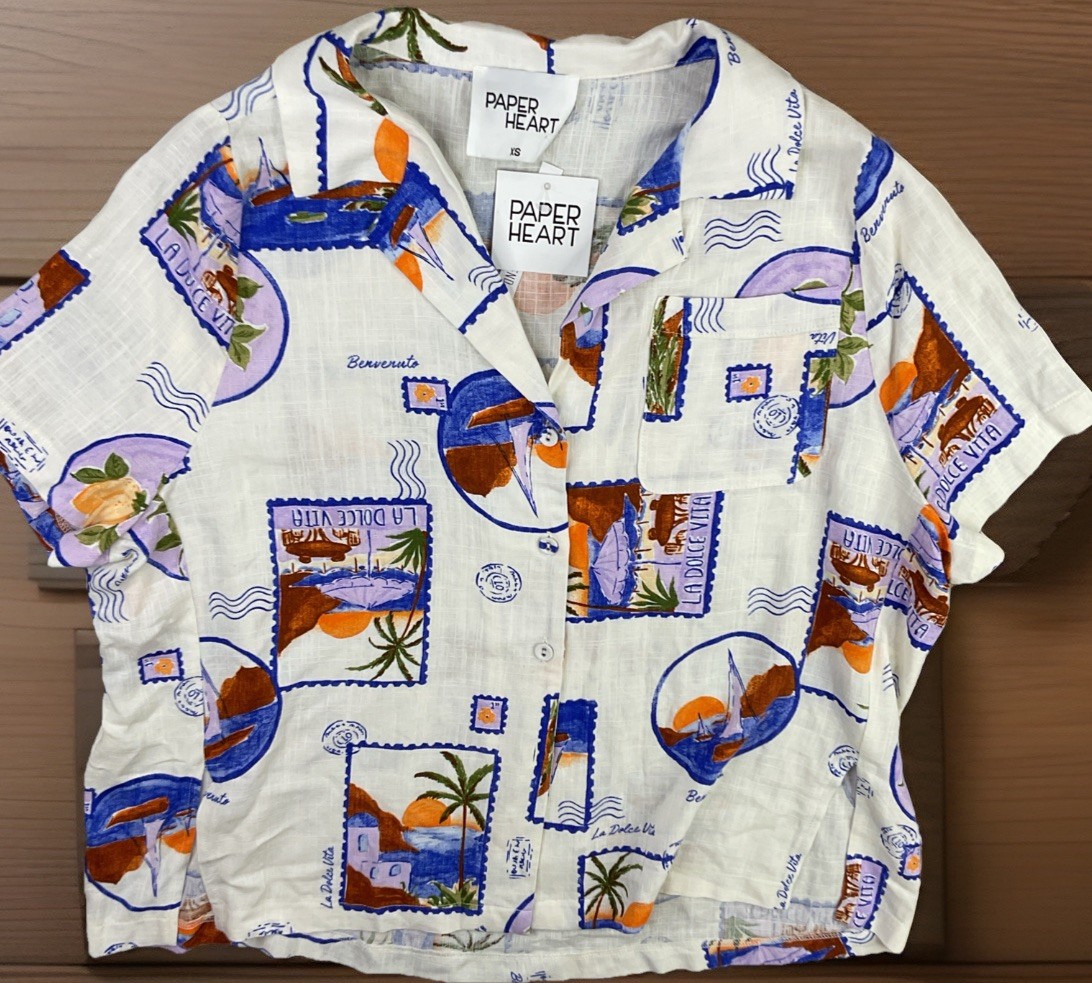 Paper Heart Shirt Women Sz XS Ivory Postcard Floral Rayon Linen Oversized NWT