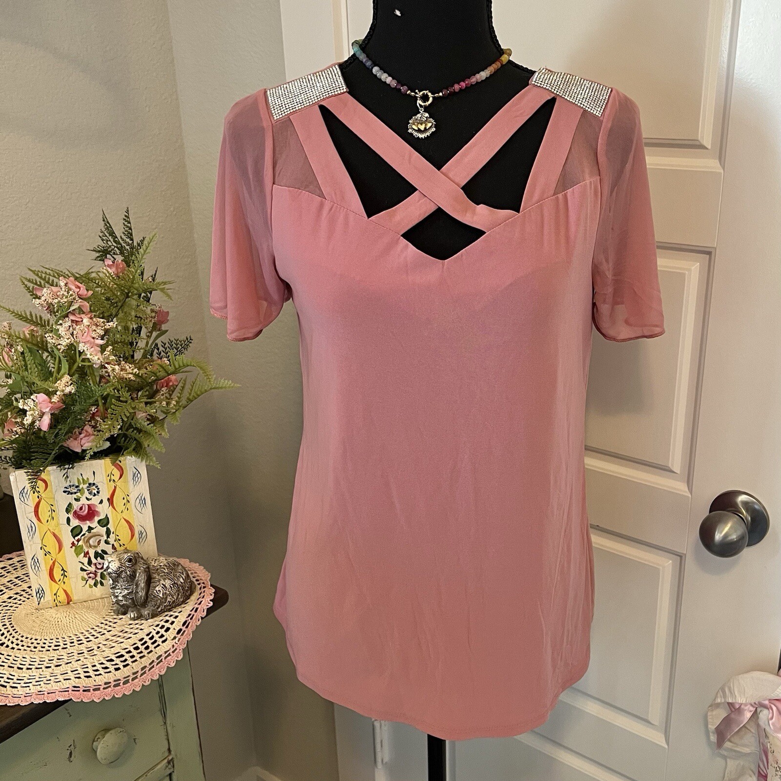 Adele & May NWT Blush Pink Rhinestone Cross Cross Neck Mesh Sleeve Blouse Sz M