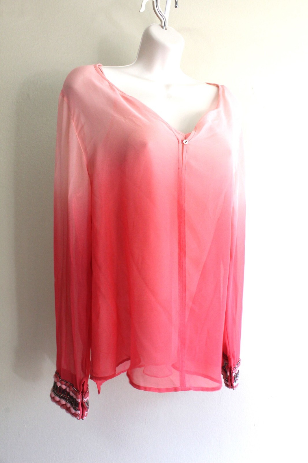 M Soft Surroundings Coral Semi Sheer Shirt Under Cami Embellished Beaded Cuff
