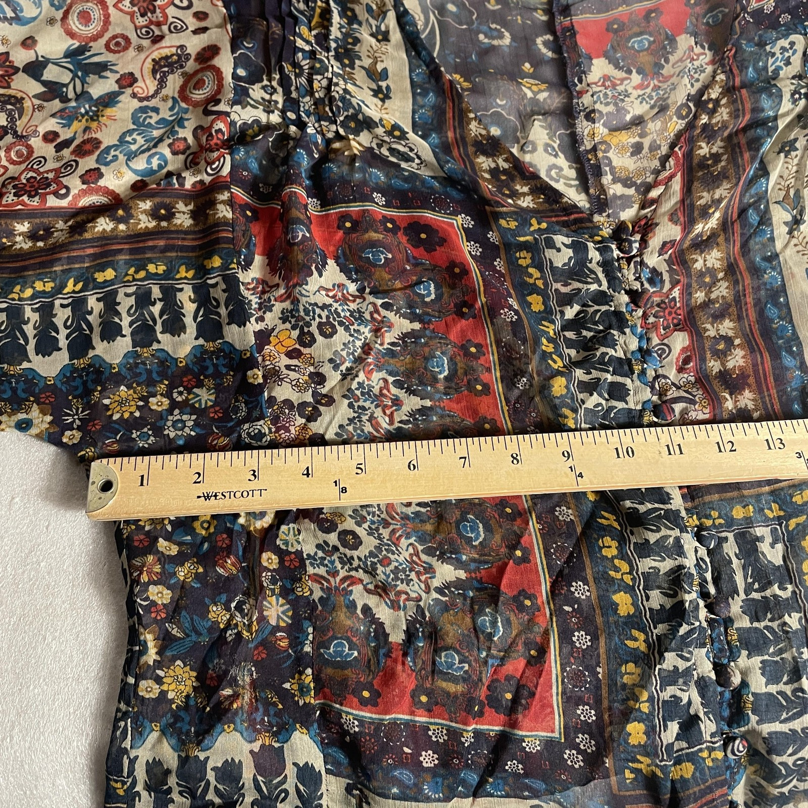 Elena Solano Patchwork Print Shirt Women L Multicolor Sheer Boho Floral Boxy Top