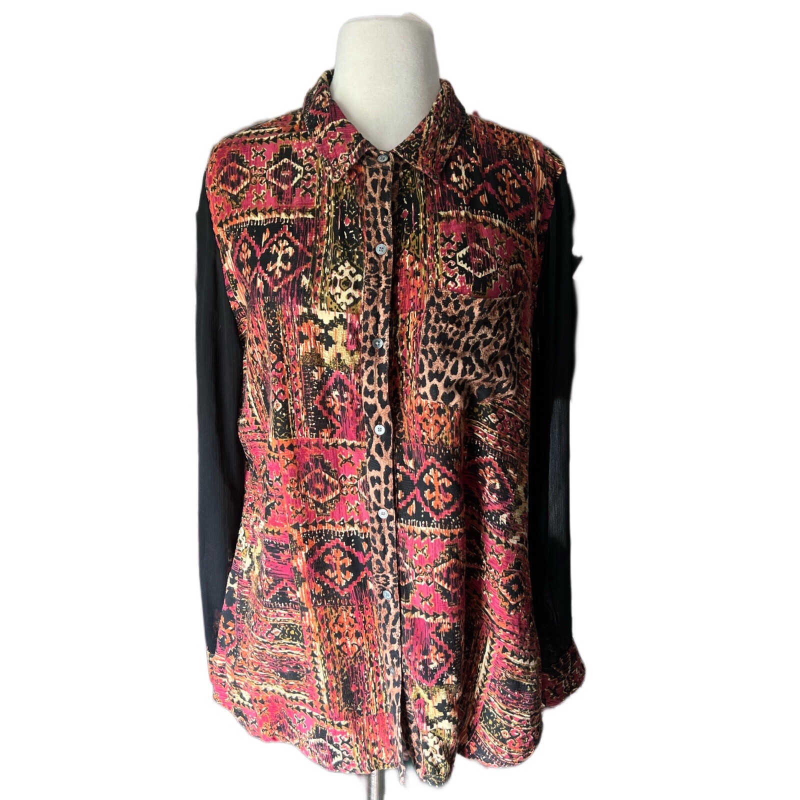 Soft Surroundings Blouse Large Womens Top Long Sleeve Rayon Sheer Animal Boho