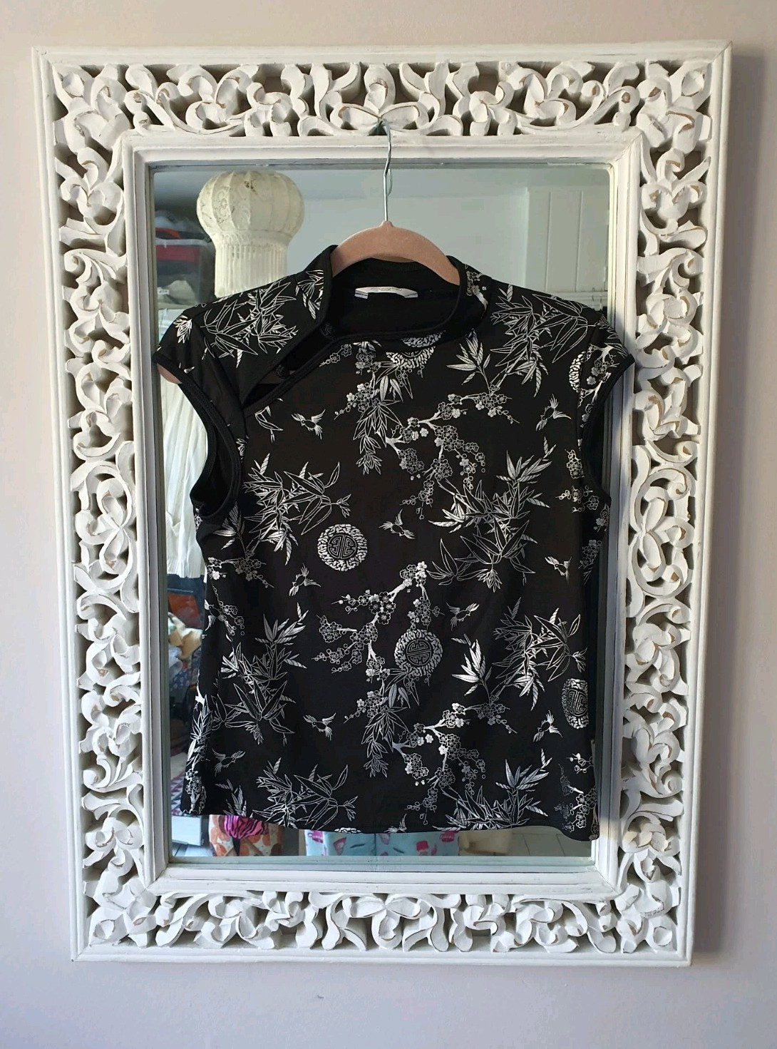 Black & Silver Asian Style Top, Size UK 14 Y2K Asymmetric Sexy Cap Sleeves