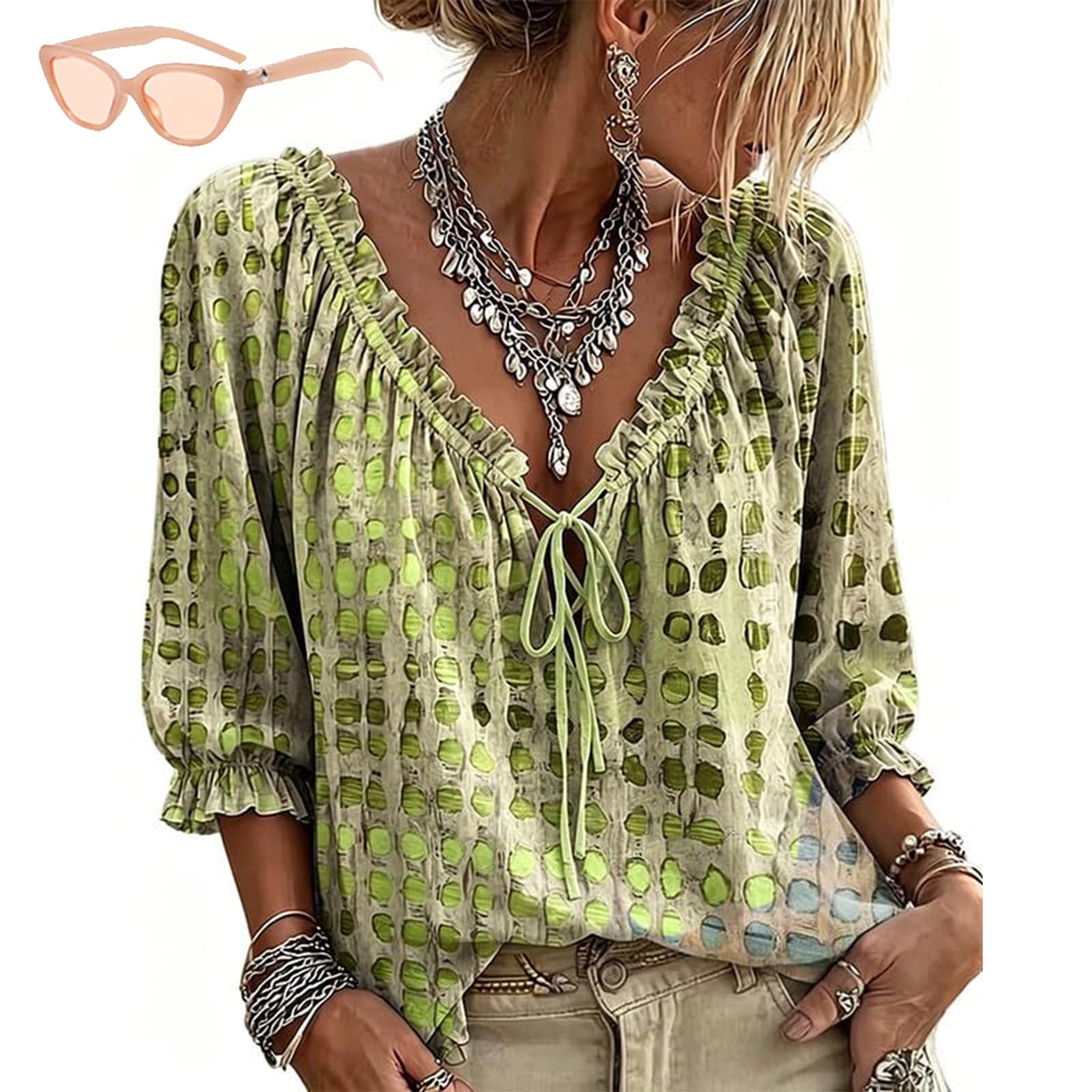 Women’s Summer Casual V Neck Polka Dot Lace Up 3/4 Sleeve Blouses, Dressy Loose