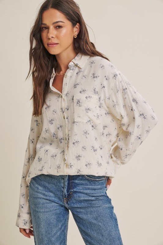 Cream Blue Floral Cotton Gauze Button Down Relaxed Fit Casual Shirt