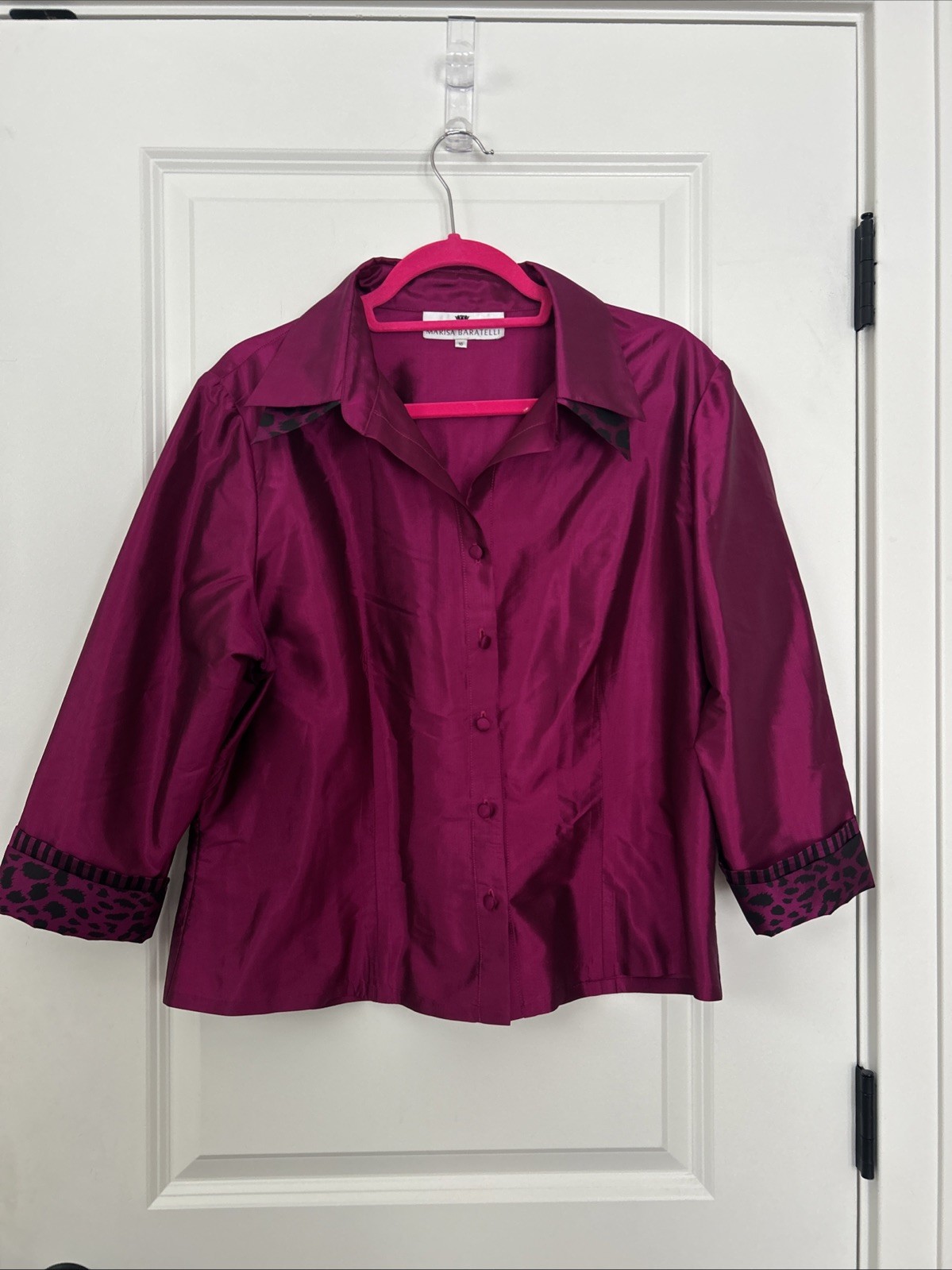 MARISA BARATELLI sz 16 Magenta Thai Silk Blouse Double Collar Cheetah Print Top
