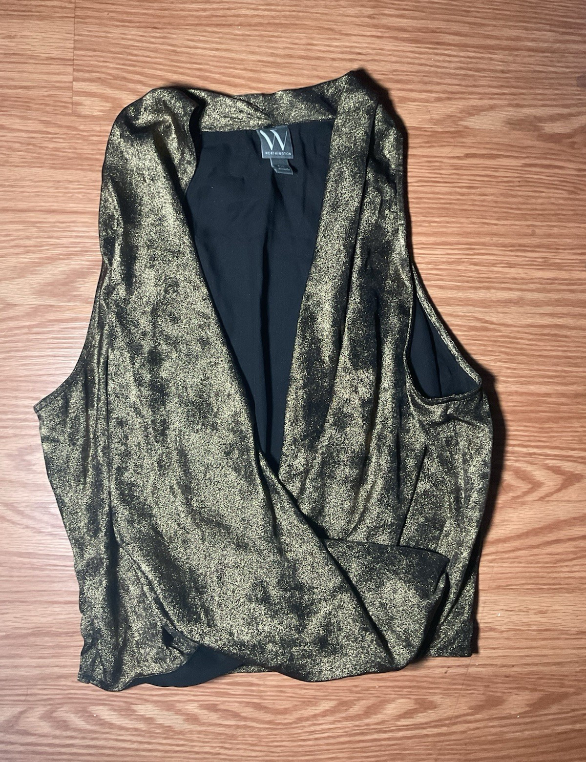 Worthington Gold Black Metallic Satin Wrap V-Neck Sleeveless Blouse Petite XL
