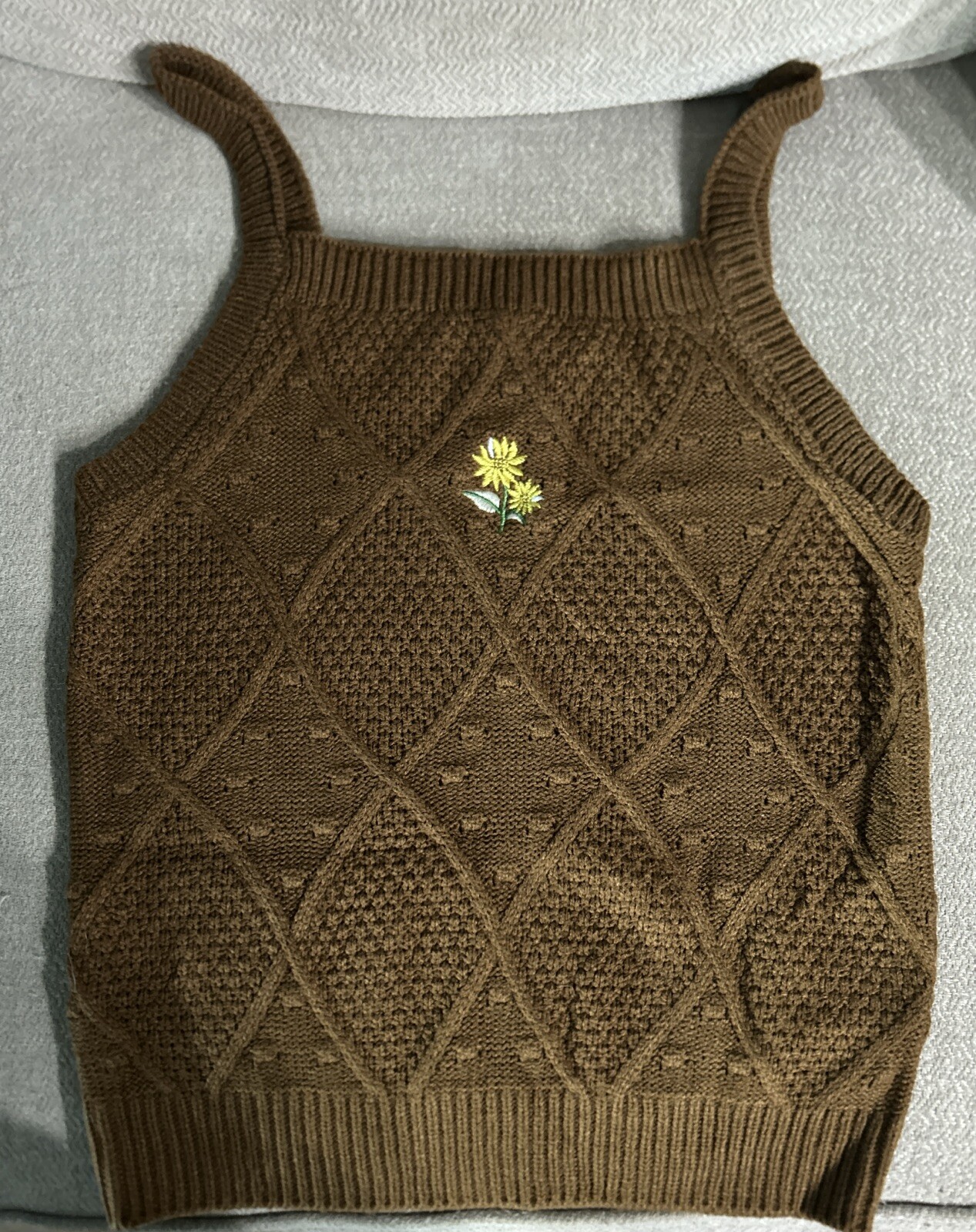 Ally Mae Tank Sweater, Brown With Embroidered Sunflowers, L, Boho, Cottage Core