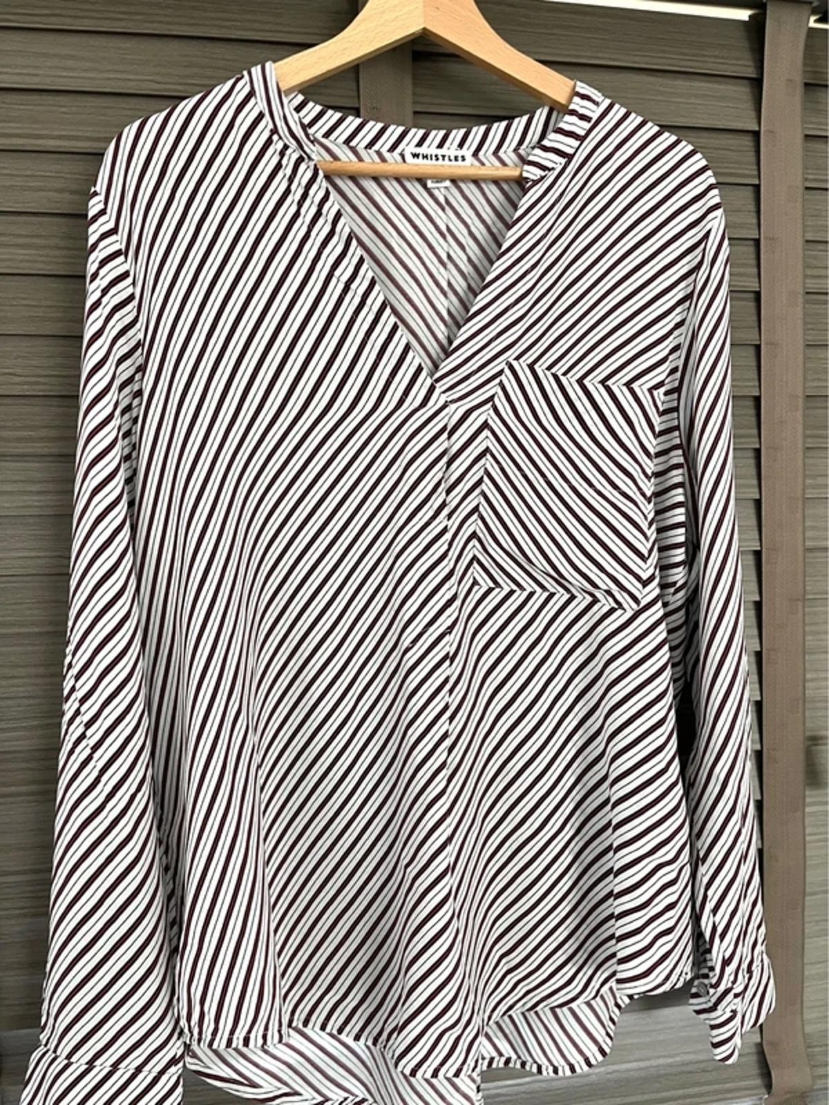 Whistles White Red and Black Striped Blouse 14 Cupro Silk Feel V-Neck Shirt